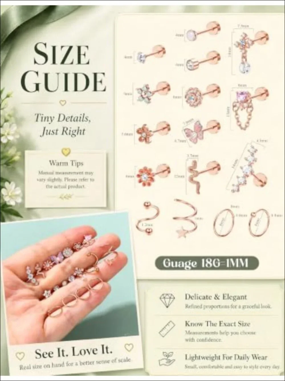18pc Stainless Steel Cartilage Earring Stud Set Flat Back Piercing Jewelry